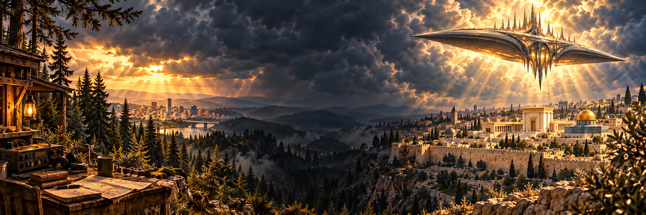 Artistic panorama blending Oregon forests and the Jerusalem skyline beneath a shared sky.